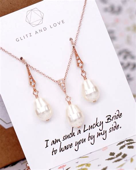 Rose Gold Teardrop Pearl Jewelry Set Earrings And Necklace Wedding