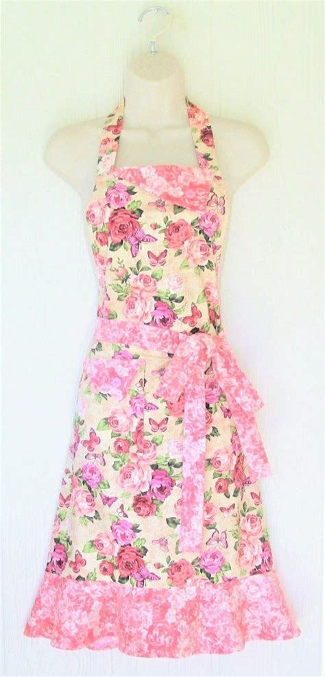 Pink Floral Apron For Women Roses And Butterflies Cottage Etsy