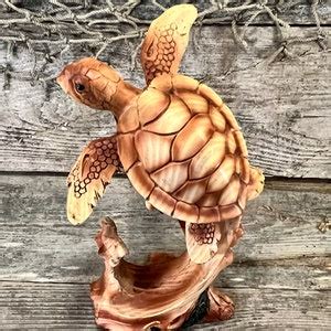 Resin Wood Look Sea Turtle On Driftwood Tabletop Statuette Etsy