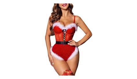 Avidlove Christmas Lingerie For Women Lace Teddy Bodysuit Santa Babydoll With Belt Red Medium