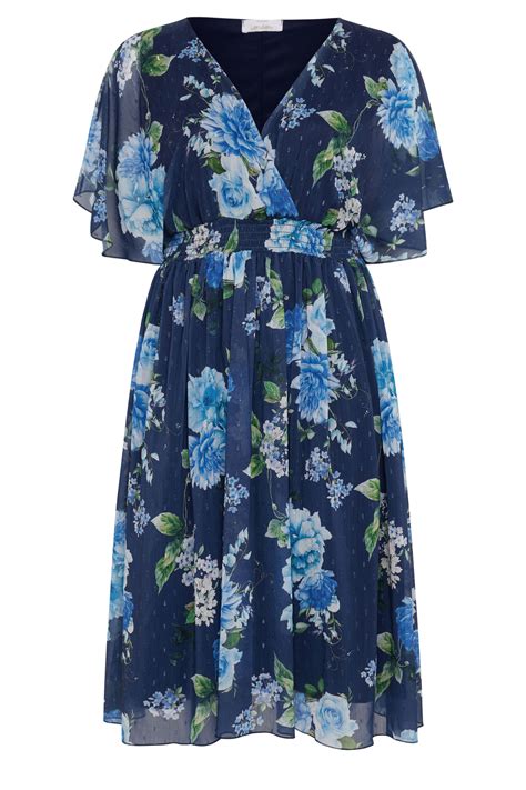 Yours London Plus Size Navy Blue Floral Print Wrap Midi Dress Yours