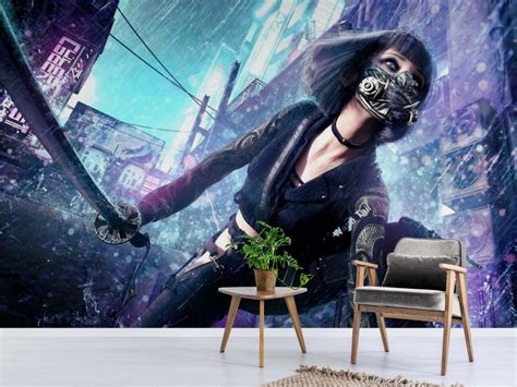 ANIME WALLPAPER, CYBERPUNK, Wallpaper Mural, Adhesive Vinyl Removable Cyberpunk Girl Wallpaper ...