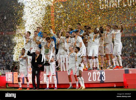 Real Madrid team group with the Copa del Rey trophy during the Copa del Rey match between Real ...