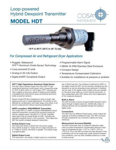 Cosa Xentaur Hdt Dewpoint Transmitter Data Sheet Pdf Instrumart