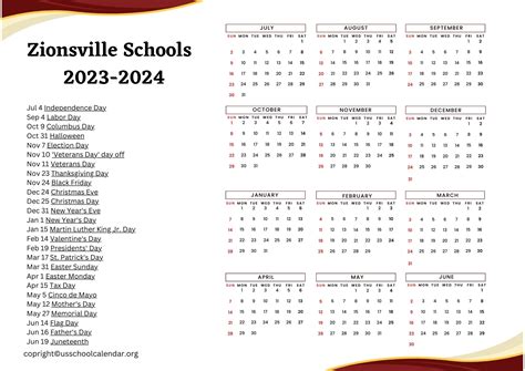 Zionsville Schools Calendar with Holidays 2023-2024