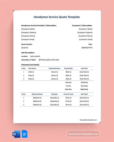 Handyman Service Quote Template - Word, Google Docs