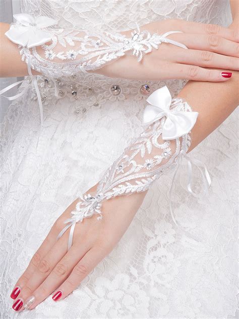 Ivory Wedding Gloves Lace Tulle Wrist Length Fingerless Rhinestones