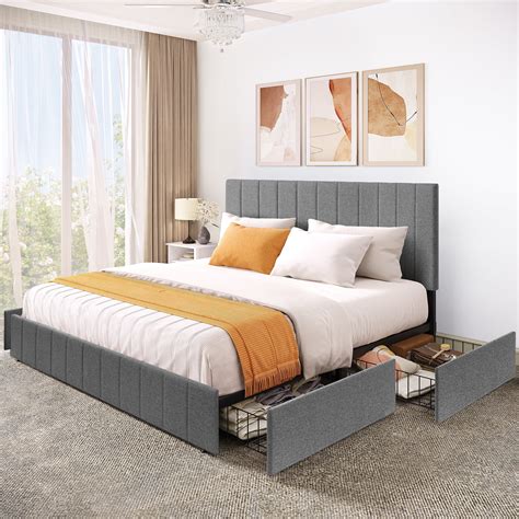 Dextrus Padded King Size Bed Frame with Storage Drawers, Grey - Walmart.com