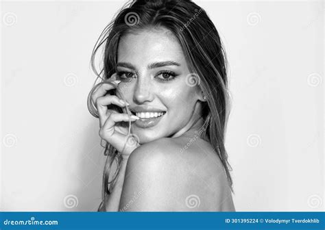 Beautiful Smiling Woman With Naked Shoulder Isolated On White Sensual