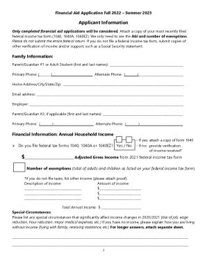 Fillable Online Financial Aid Application Fall Summer Fax