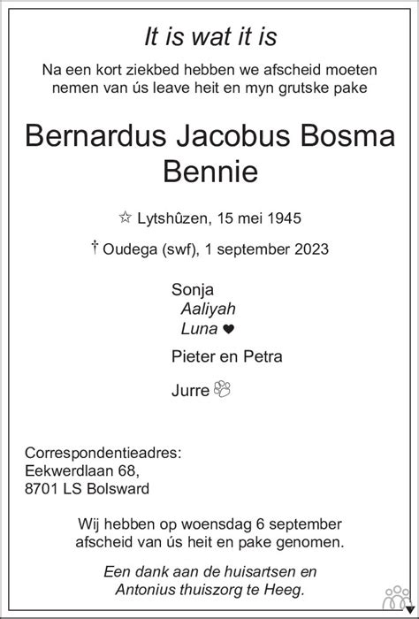 Bernardus Jacobus Bennie Bosma Overlijdensbericht En