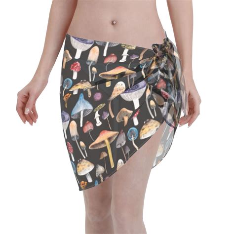 Coaee Mushrooms And Autumn Leaves Women S Short Sarongs Beach Wrap Sheer Bikini Wraps Chiffon