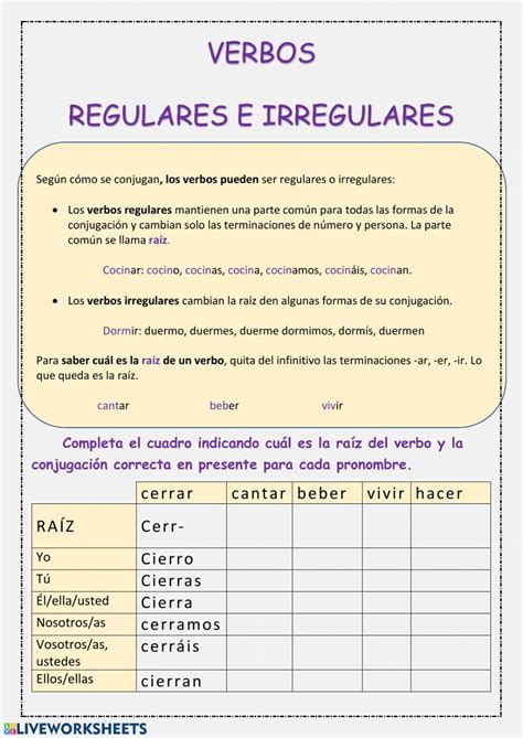 Clases De Verbos Regulares E Irregulares Worksheet Live Worksheets