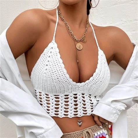 tops white boho crochet halter knit backless top white poshmark