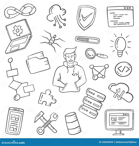 Programmer Jobs Or Profession Doodle Hand Drawn Set Collections With