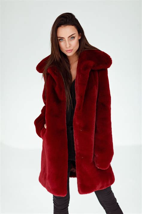 Claret Faux Fur Fluffy Coat With A Rounded Collar Red Faux Fur Coat