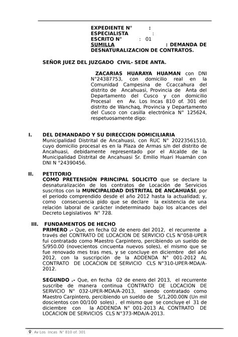 Demanda De Destanuralizacion Expediente N° Especialista Escrito N