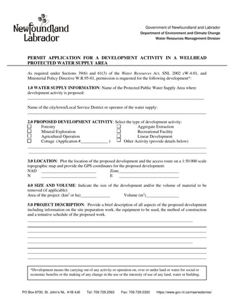 Newfoundland And Labrador Canada Permit Application For A Development