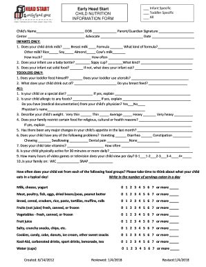 Head Start Nutrition Assessment Form