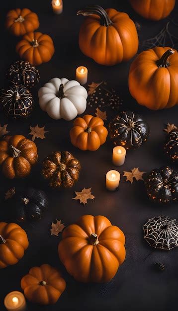 Premium AI Image | Halloween pumpkins and candles on dark background Top view