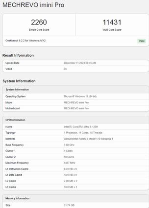 MECHREVO iMini Pro visits Geekbench with Core Ultra 5 125H CPU ...