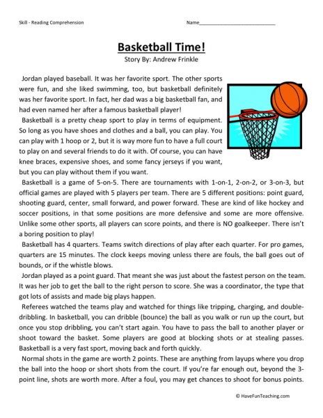 Reading Comprehension Worksheet Basketball Time