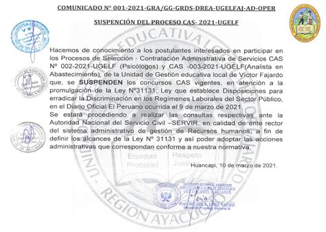 Ugelfajardo Gob Pe Comunicado Suspenci N Del Proceso Cas