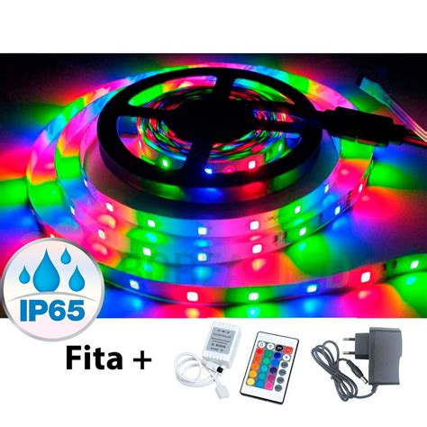 Fita LED RGB Colorida 3528 IP65 Siliconada 300 LEDS Controle Remoto E