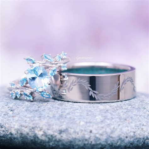 Aquamarine Leaf Couples Ring Set – Aquamarise
