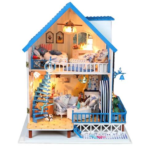 Miniature Aegean Sea Beach Villa Model Diy Doll House Led Light Wooden