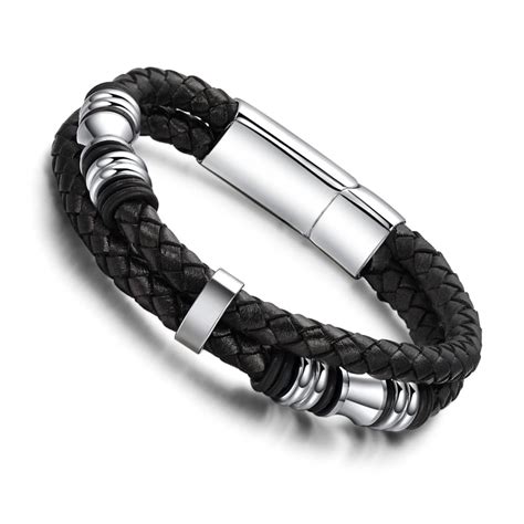 New Fashion Black Double Layer Braided Leather Bracelet Men