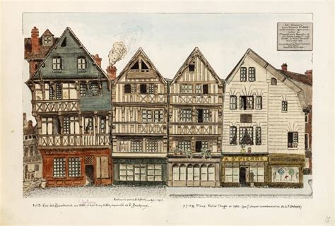 An Old Drawing Of Several Buildings With Windows And Balconies On The