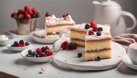 Premium Photo A Table With Plates Of Cake Raspberries And A Cake With