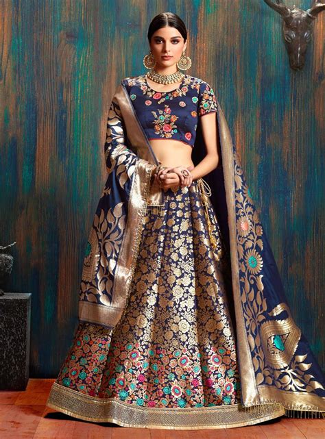 Navy Blue Pure Banarasi Silk Indian Wedding Lehenga Choli 62002