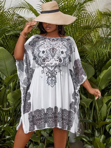 SHEIN Swim BohoFeel Plus Size Elastic Waist Batwing Sleeve Cover Up