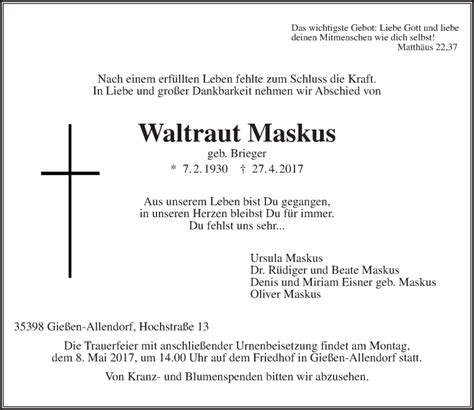 Traueranzeigen Von Waltraut Maskus Vrm Trauer De