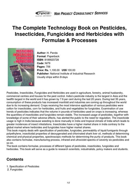 The Complete Technology Book On Pesticides Insecticides Fungicides