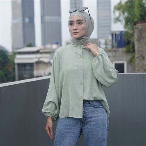 Jual Blouse Polos Crincle Premium Airflow Kemeja Lengan Panjang Kerah