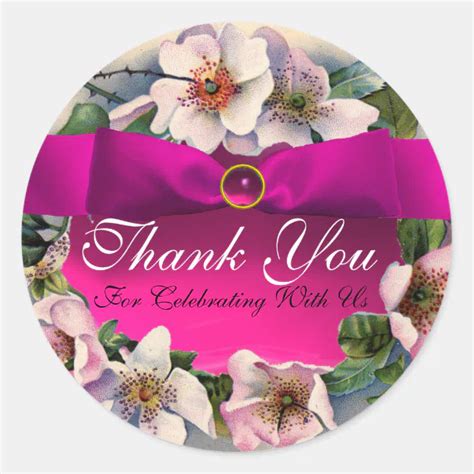 Wild Roses With Pink Ribbon Thank You Classic Round Sticker Zazzle