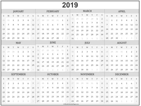 2019 year calendar | yearly printable
