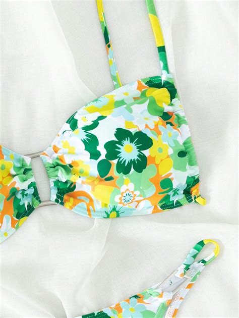 Floral Print Ring Linked Bikini Set For Summer Beach Shein Usa