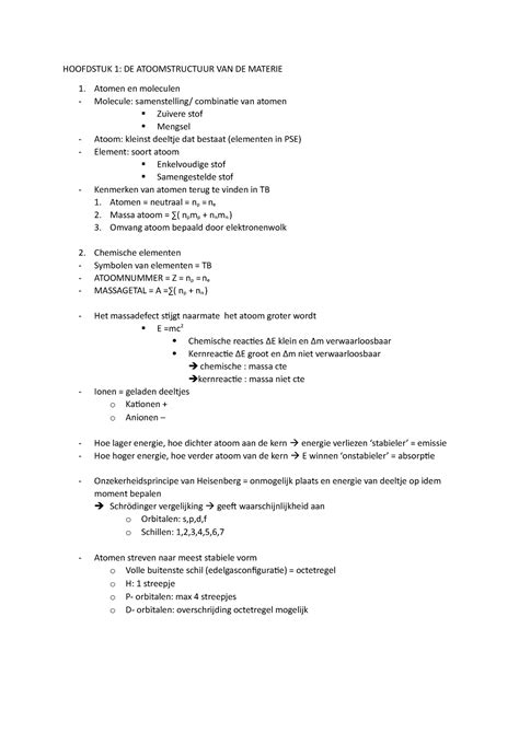 Hoofdstuk 1 Chemie Korte Samenvatting Ter Verfrissing HOOFDSTUK 1