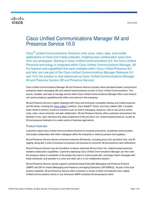 Cisco Unified Communications Manager Im And Presence Service 10 0 Pdf Instant Messaging