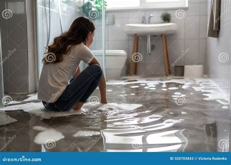 person sitting  flooded bathroom floor stock image image