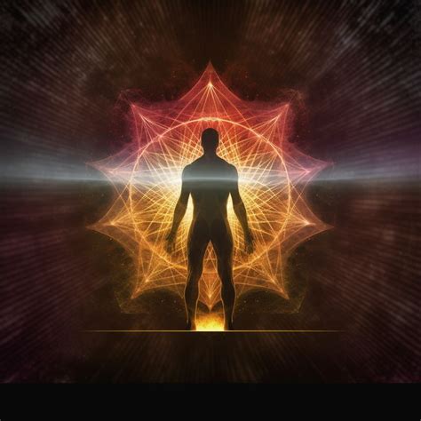 Siluette Of Human With Chakras Merkaba In The Bottom Of The Feat Aura