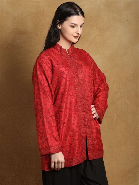 Flame Scarlet Pure Silk Kashmiri Short Jacket With Aari Embroidered