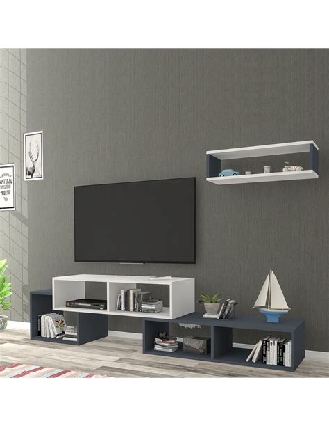 Meuble Tv Blanc Et Anthracite Moderne Cm Avec Etag Re Murales