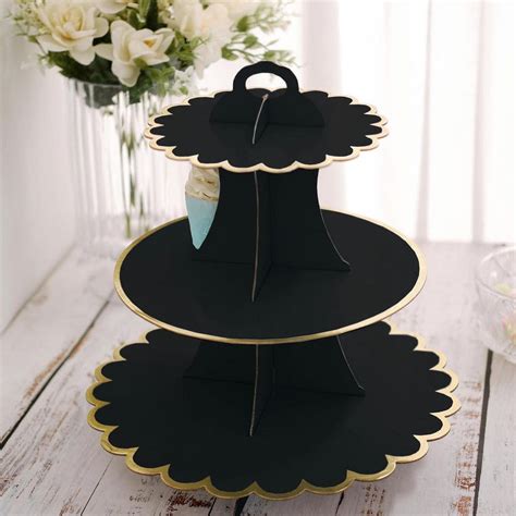 Efavormart 3 Tier 13 Black Cardboard Cupcake Stand Gold Scalloped