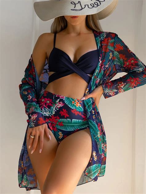 SHEIN Swim Summer Beach Tropical Print Bikini Set Wrap Push Up Bra Top