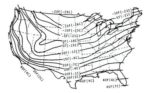 Map showing winter design temperatures for US. Source: ASAE EP270.5 ...